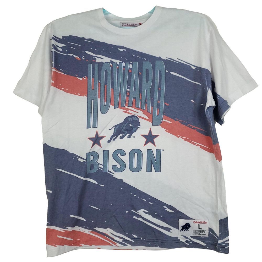 Howard Bison Mitchell & Ness HBCU L Large Shirt Paint Stroke White Blue Red NWT‎